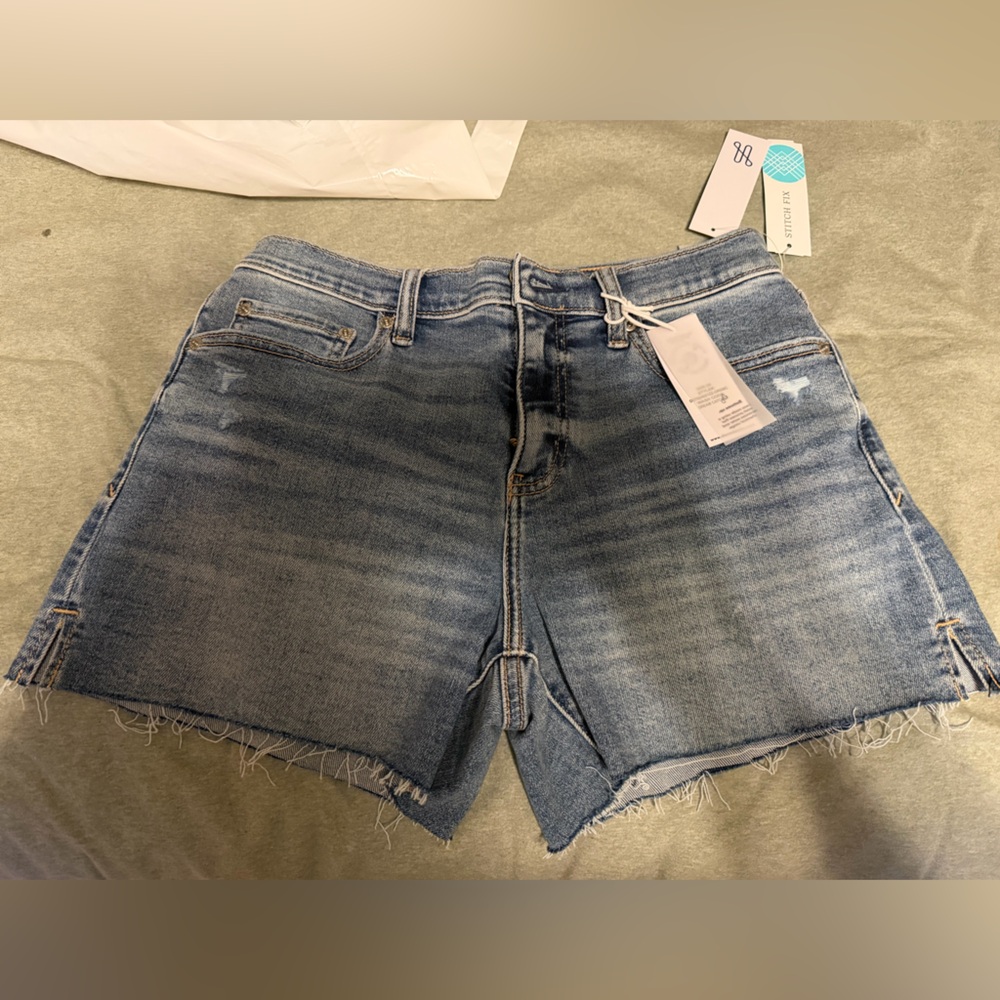 High-Rise Frayed Hem Denim Shorts - Blue